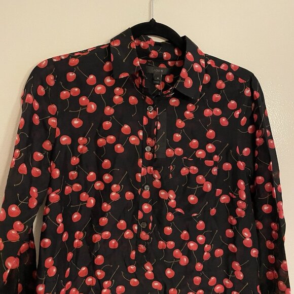 J.Crew Women 4 Black Red Cotton Silk Cherry Print Long Sleeve Popover Shirt NWT - Picture 8 of 16